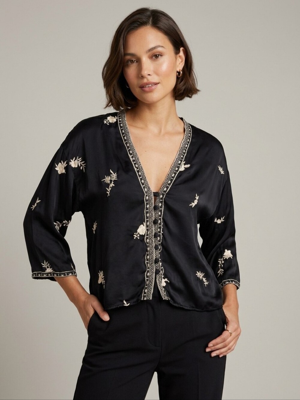 Zara Women's Black Satin Floral Embroidered V-Neck Oversize Blouse Small